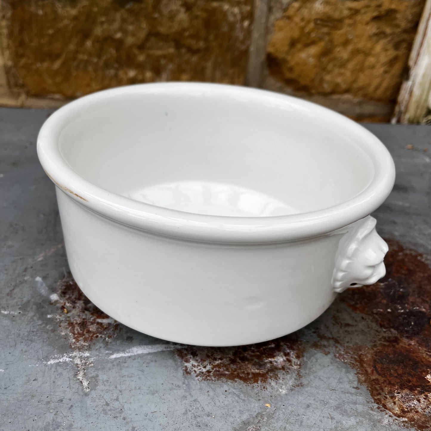 Vintage French 'Pillivuyt porcelaine a feu' Ovenware Bowl with Lion's Head Handles