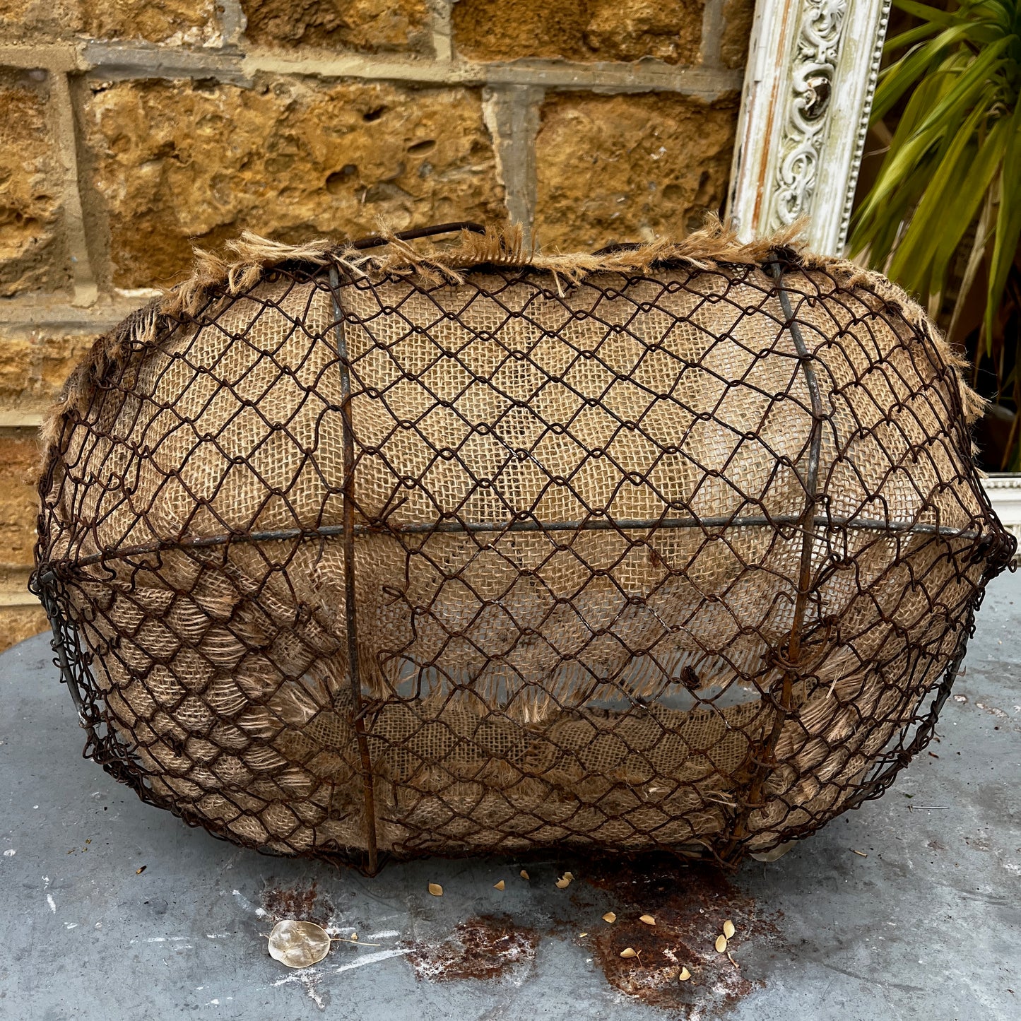 Large Vintage French Wire Basket with Hessian lining