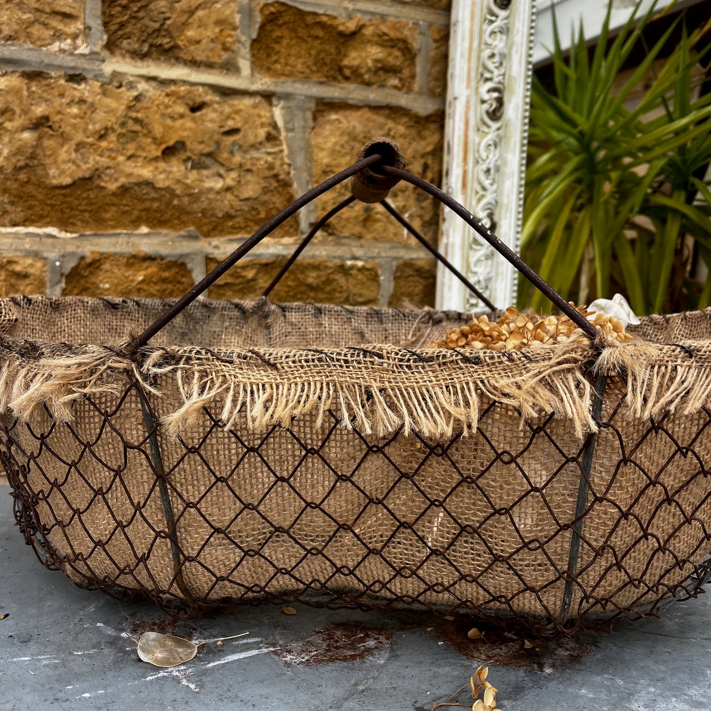 Large Vintage French Wire Basket with Hessian lining