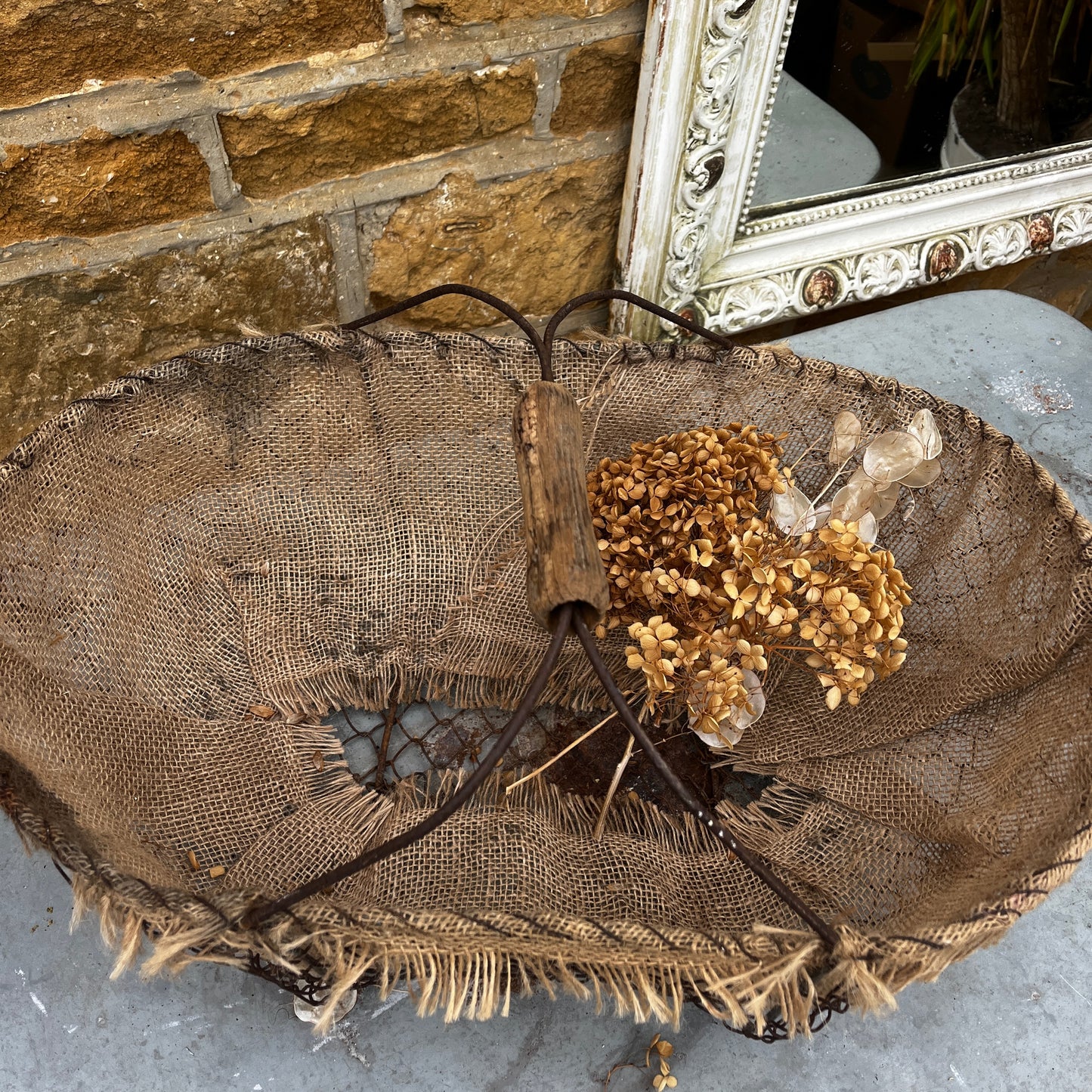 Large Vintage French Wire Basket with Hessian lining