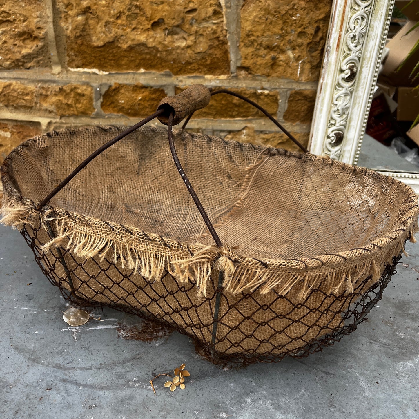 Large Vintage French Wire Basket with Hessian lining