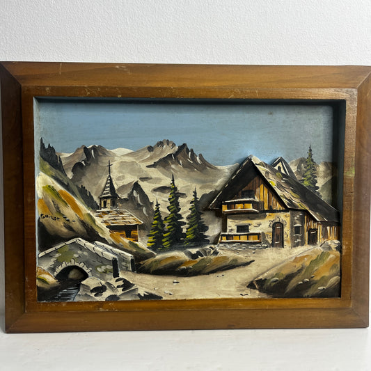 Painting of a mountain landscape with a wooden cabin and trees.