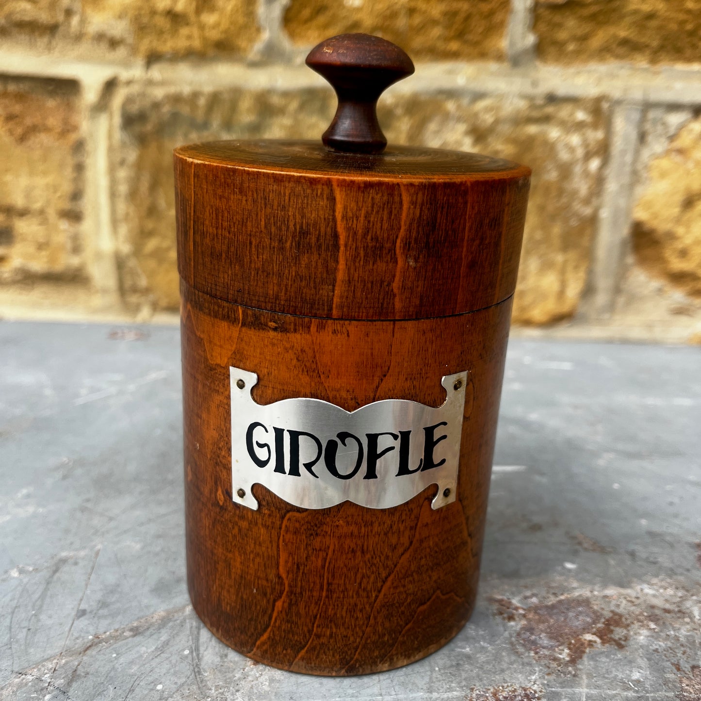 Vintage French kitchen storage containers from the 1940s–50s, featuring Wooden design with labeled fronts and a charming retro farmhouse style.