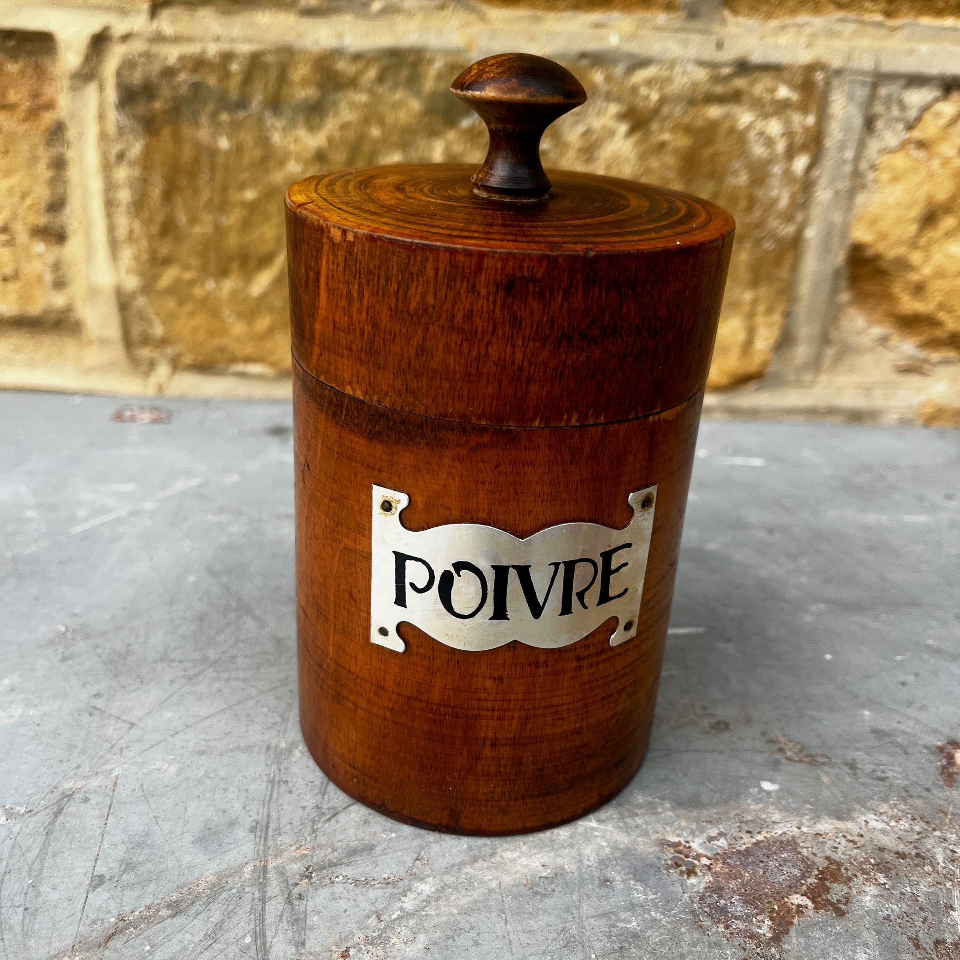 Vintage French kitchen storage containers from the 1940s–50s, featuring Wooden design with labeled fronts and a charming retro farmhouse style.