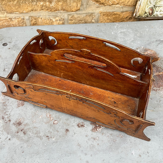 French vintage wooden tray featuring ornate carved detailing and a slightly distressed finish. The tray has a rustic, antique charm with elegant decorative accents typical of classic French craftsmanship.