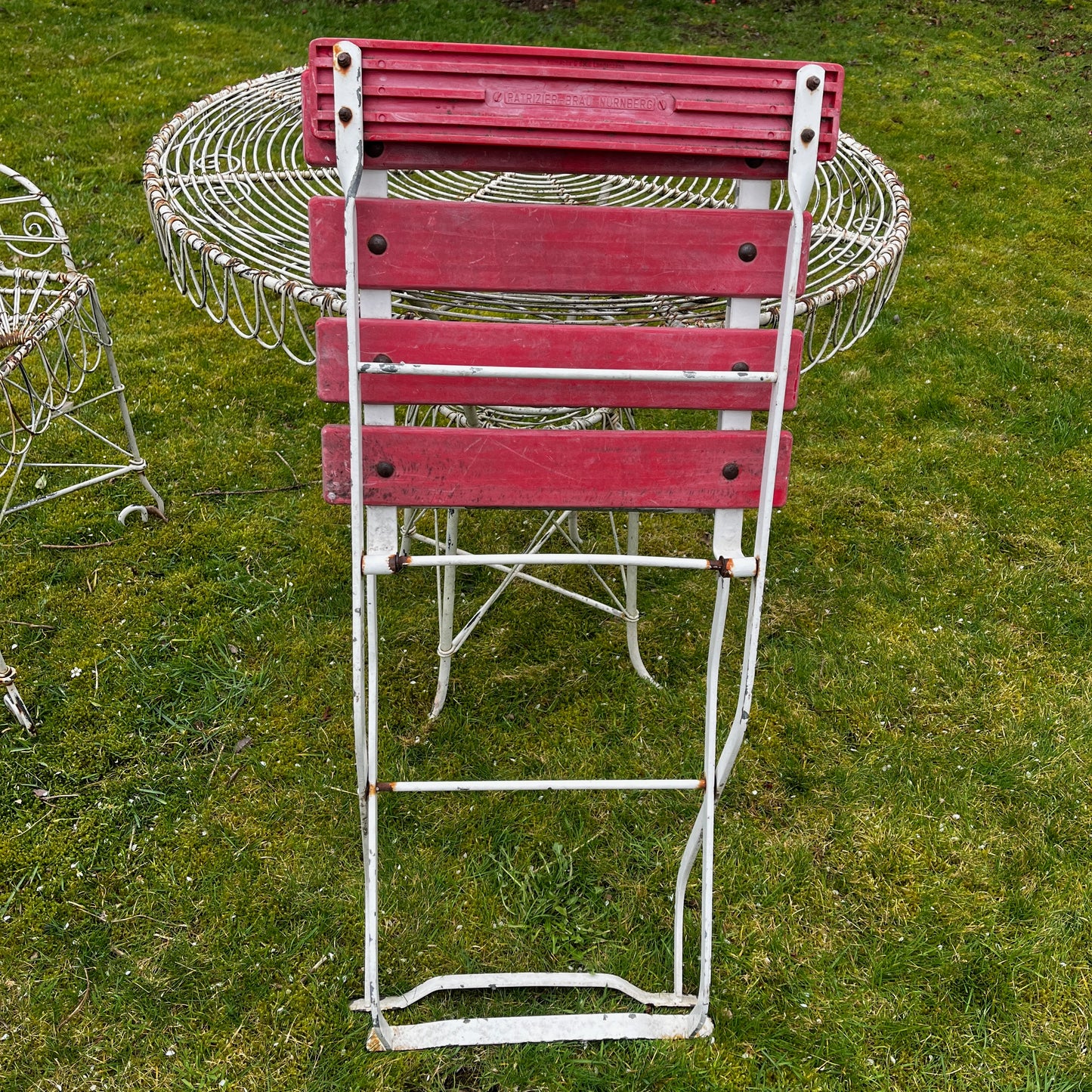 Set of Four /vintage Coco Cola Garden Chairs, with Red Slats & White Metal Frames
