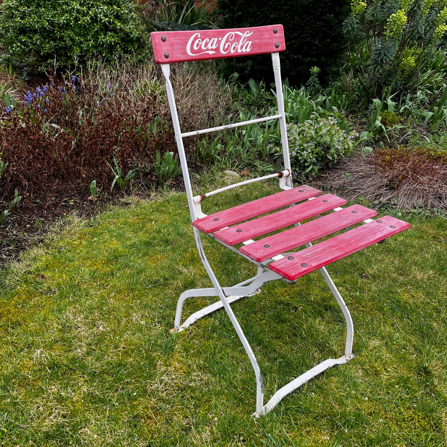 Set of Four /vintage Coco Cola Garden Chairs, with Red Slats & White Metal Frames
