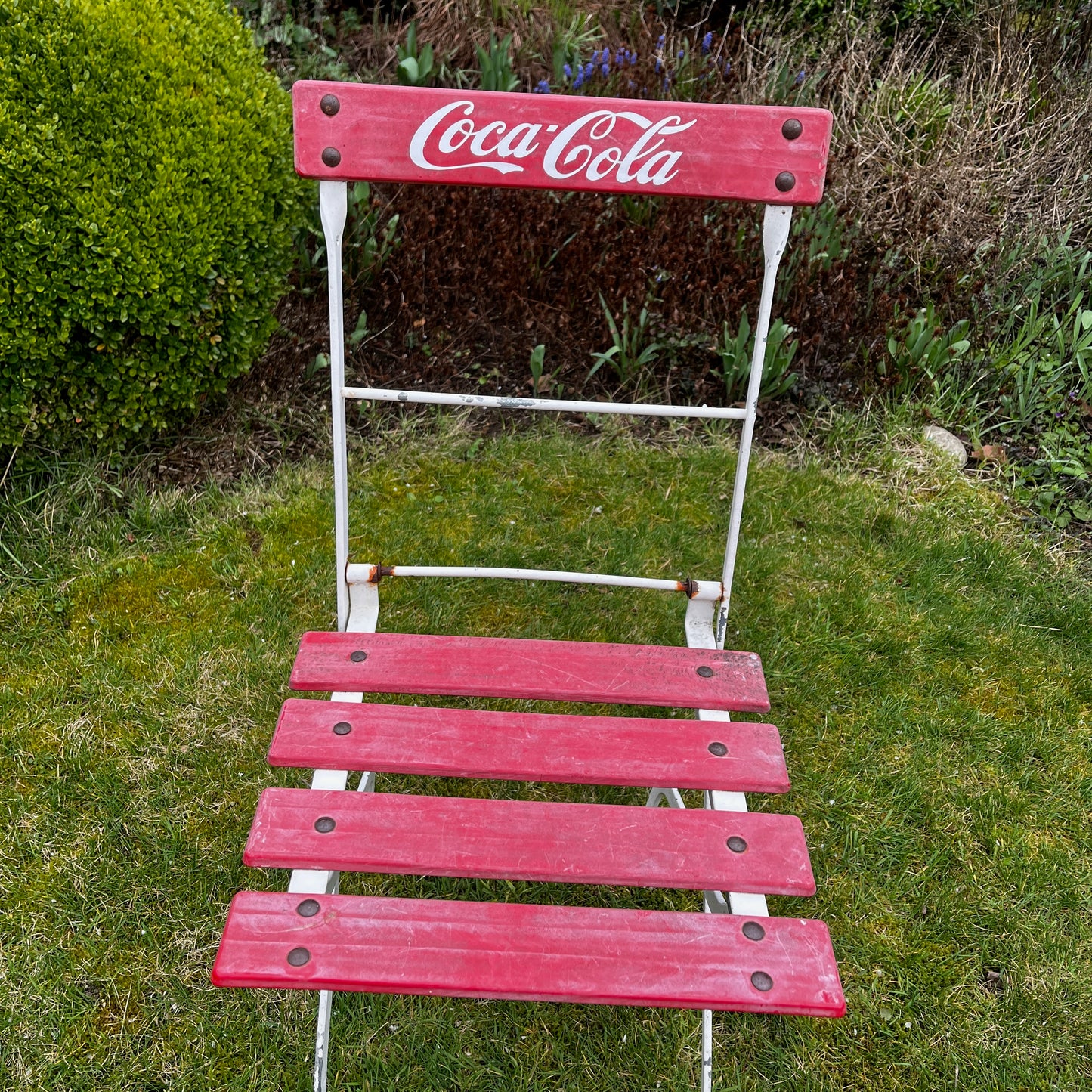 Set of Four /vintage Coco Cola Garden Chairs, with Red Slats & White Metal Frames