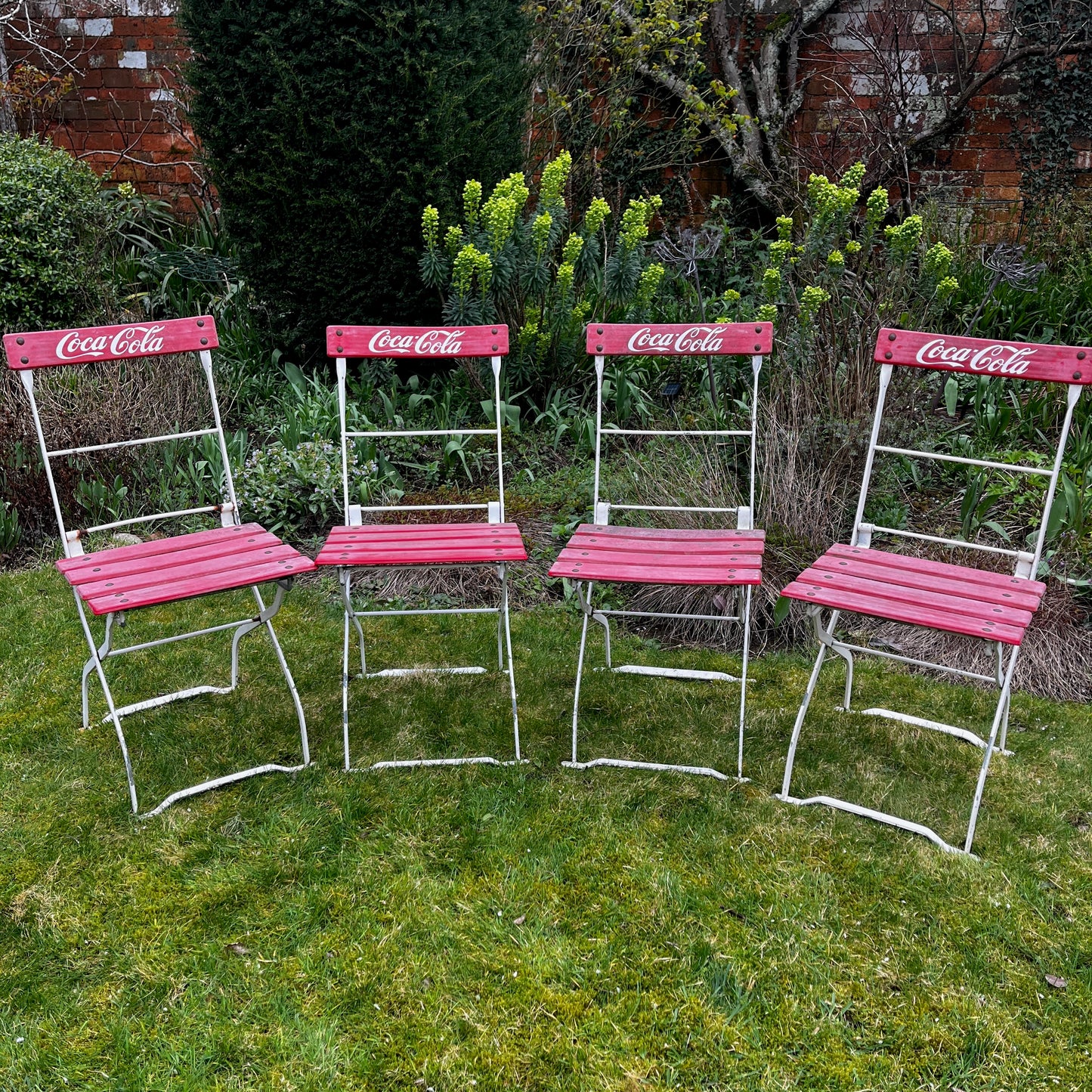 Set of Four /vintage Coco Cola Garden Chairs, with Red Slats & White Metal Frames