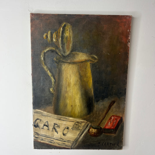 French oil on canvas still life of Le Figaro newspaper, a coffee pot, pipe and matches.  Gold, browns and reds in the painting.  Signed M Cartier