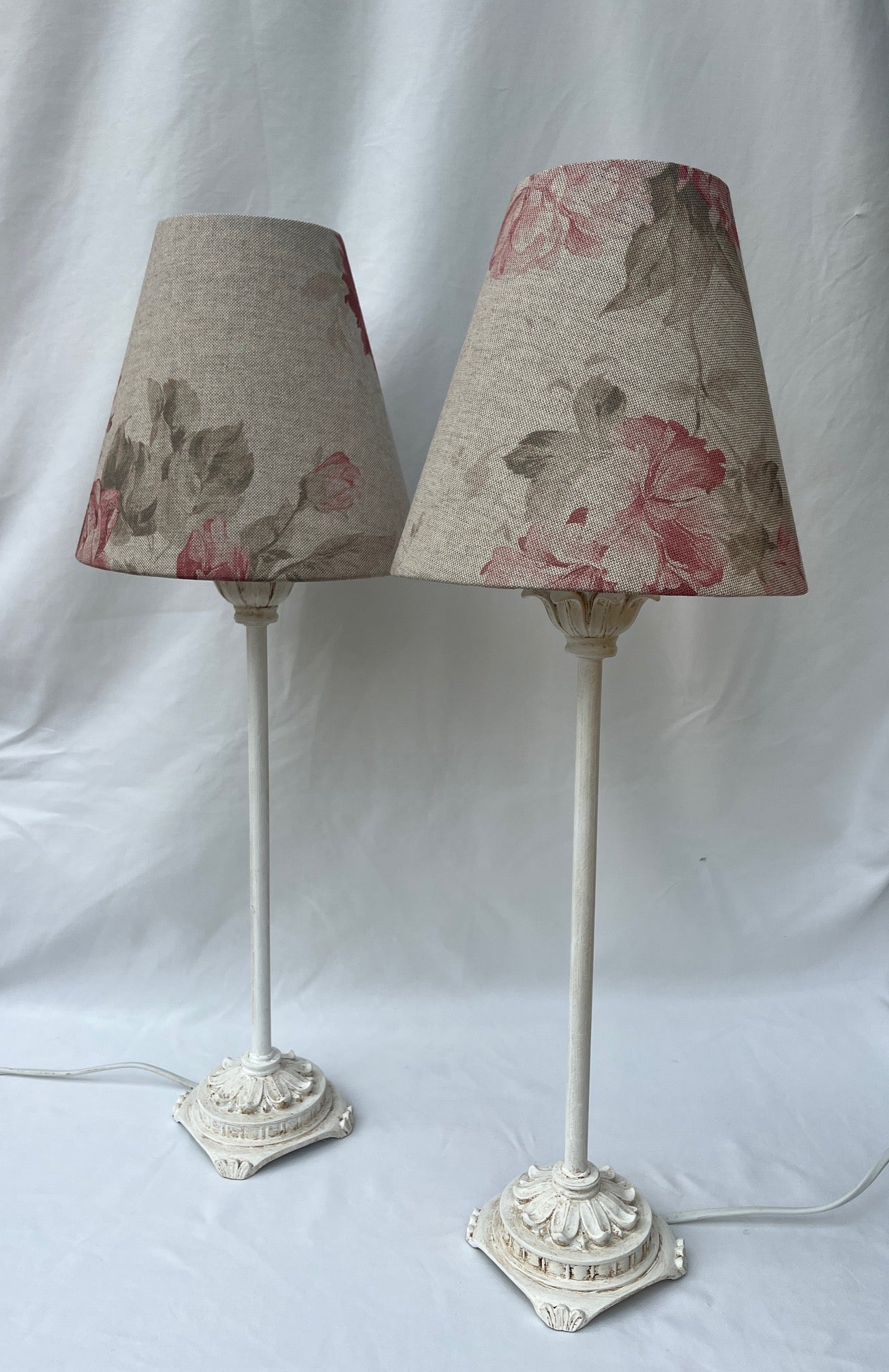 2 White vintage lamps with handmade Cabbages & Roses style shades