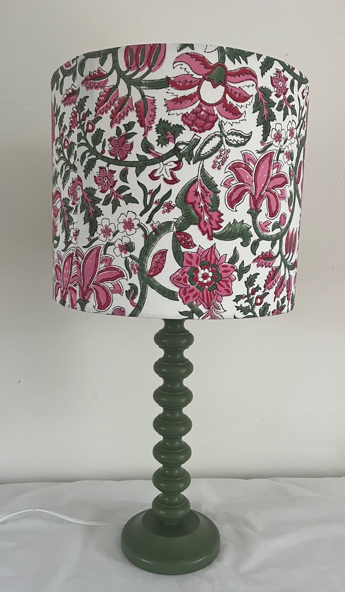 Pink & green batik lamp shade on a green painted 'bobble' base