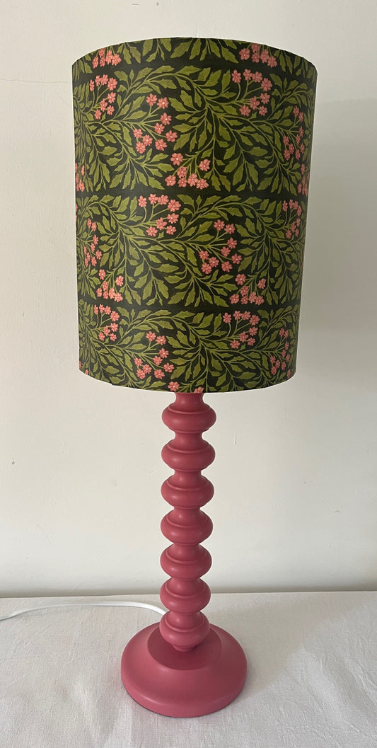 William Morris inspired Lamp with a painted pink Bobble Base & handmade lampshade