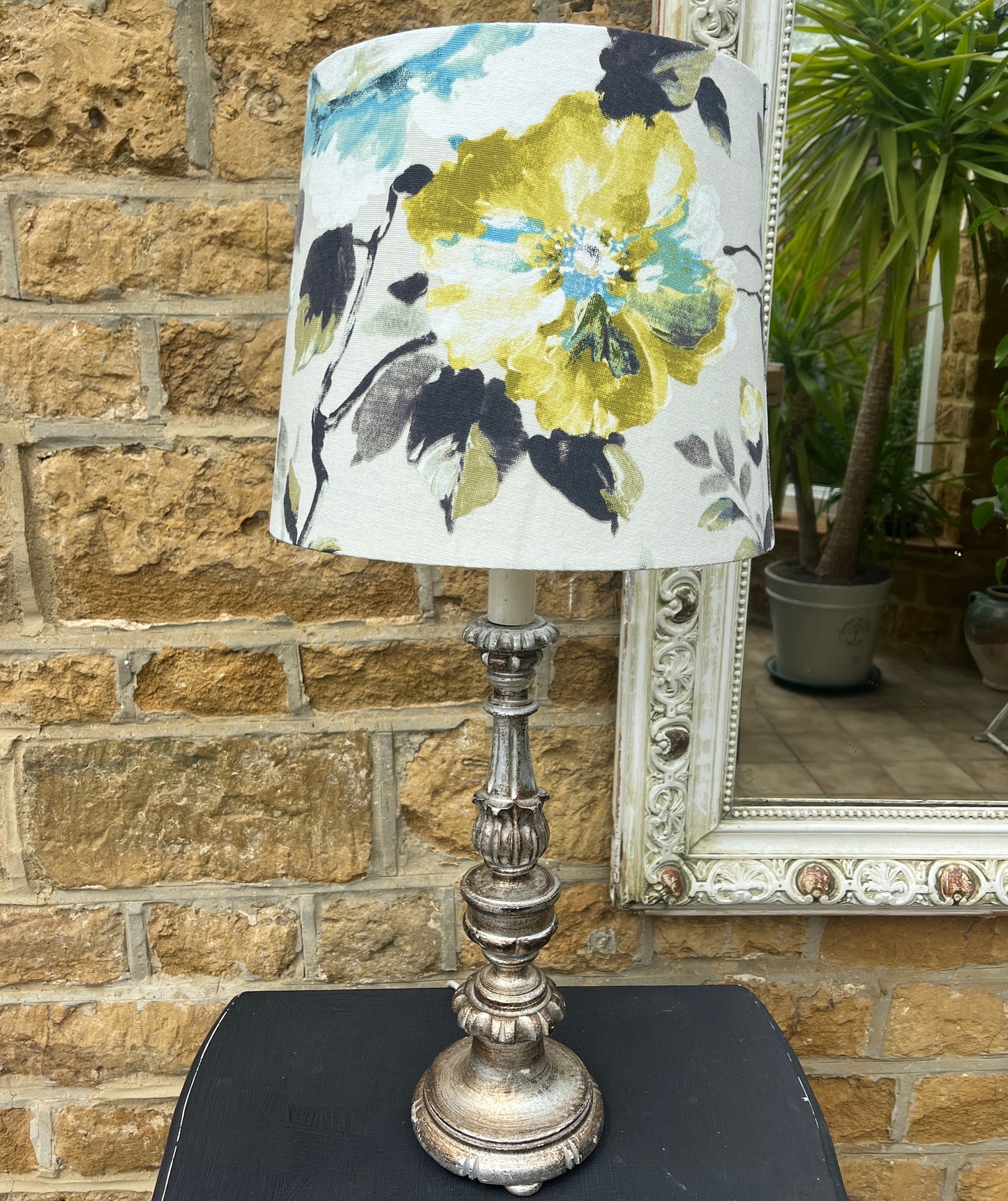 Vintage Florentine-style lamp base paired with a unique handmade linen shade, blending ornate Italian craftsmanship with soft, natural elegance